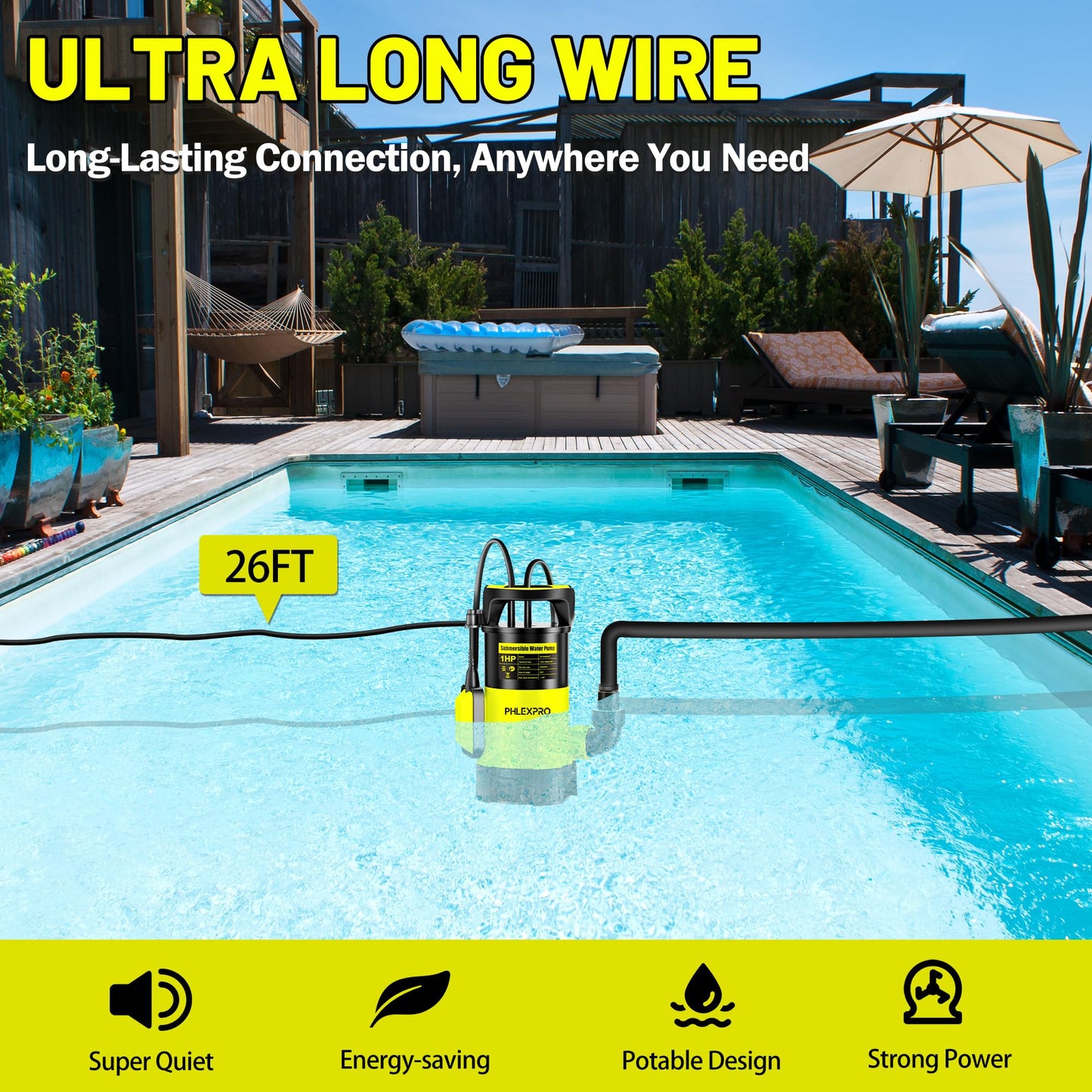 Submersible Water Pump 1HP 5300GPH High Flow Clean/Dirty Water Transfer Pump with Automatic Float Switch,26FT Long Cord,Sump Pump for Pool, Pond,Garden, Flooded Cellar, Aquarium and Irrigation