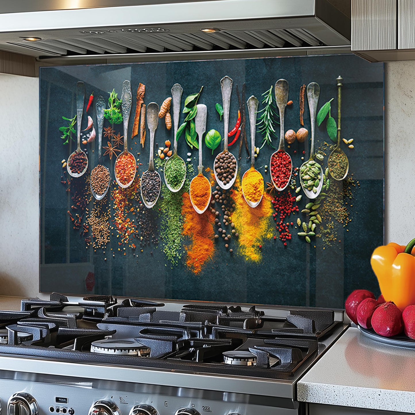 DAIFURONGE Tempered Glass Backsplash for Kitchen, Behind Stove Panel, Art Deco Spice Design, Easy to Clean Glass Splashback, Splash Guard, Wall Decor, 30"x18" (76.2x45.72cm)