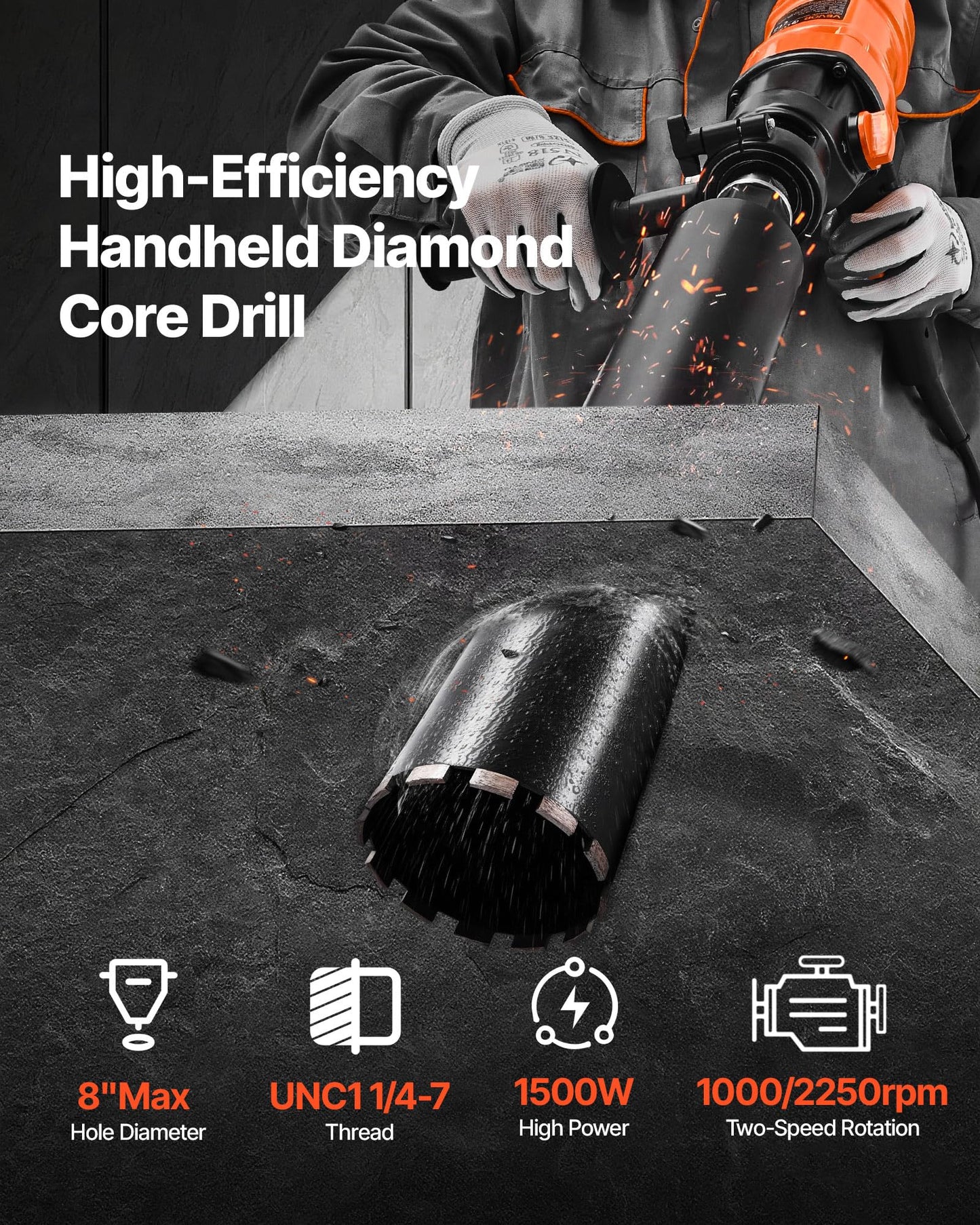 VEVOR Diamond Core Drilling Machine, 8 in Drilling Diameter, Handheld Dry and Wet Concrete Core Drill Rig with 4 Drill Bits, 1075/2300 RPM 2-Speed, UNC1 1/4-7 Thread, for Concrete Brick Stone, 1800W