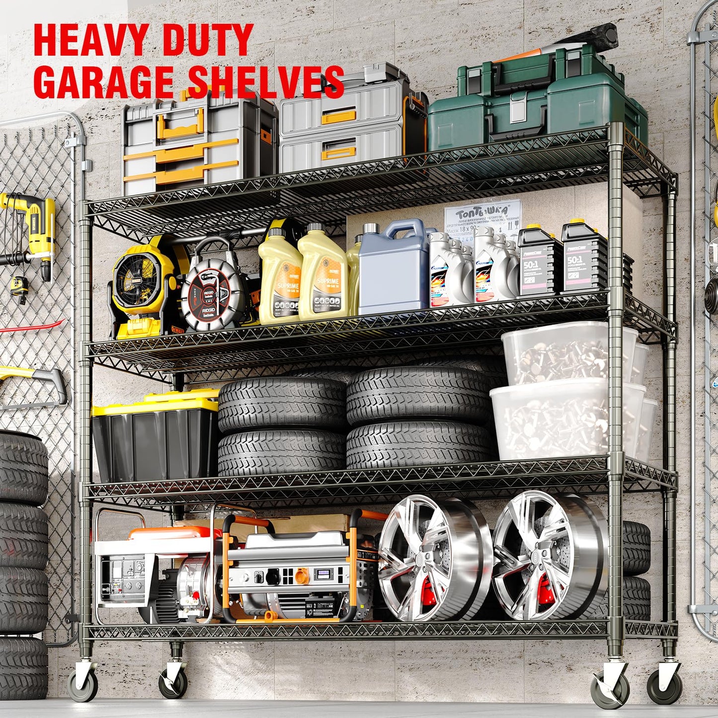GarveeLife 71" Heavy Duty 4-Tier Storage Shelving Unit, 2640 lbs Capacity with Wheels and Feet, Metal Shelves for Garage, Pantry, Kitchen, or Commercial Use, 71.8" H x 59" W x 17.7" D