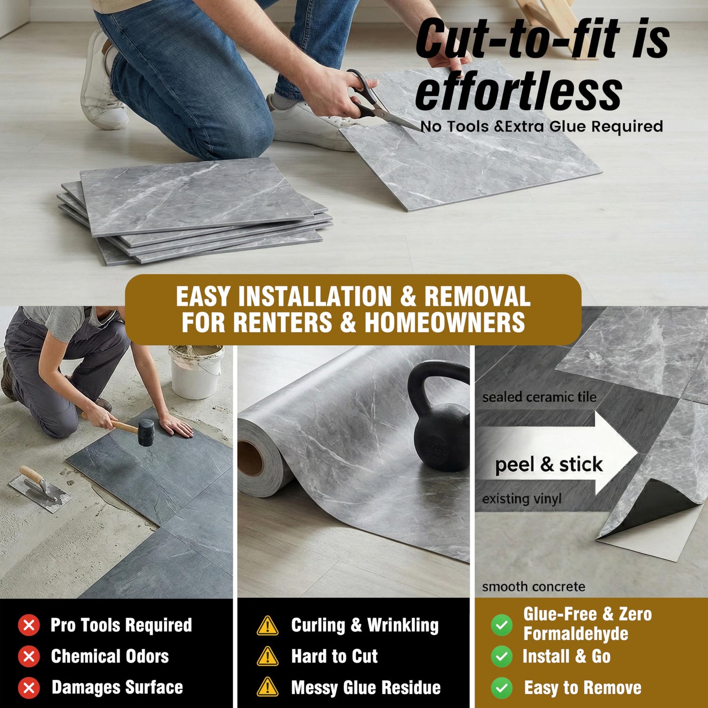 VIVIDCOZYTILE 12 Sq.Ft Peel and Stick Floor Tile, Athens Grey Matte Marble Vinyl Flooring for Bathroom, Kitchen and RV. Waterproof Rigid Core Backsplash, Rental Friendly 12 Sheets (12"x12")