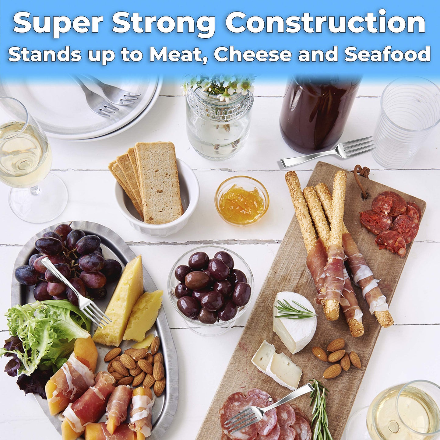 Super Elegant, BPA Free 200ct Plastic Tasting Forks. Mini Cocktail or Sampling Fork Set for Appetizers, Shrimp and Seafood. Durable, Recyclable 4 Tine Utensil with Stainless Steel Look