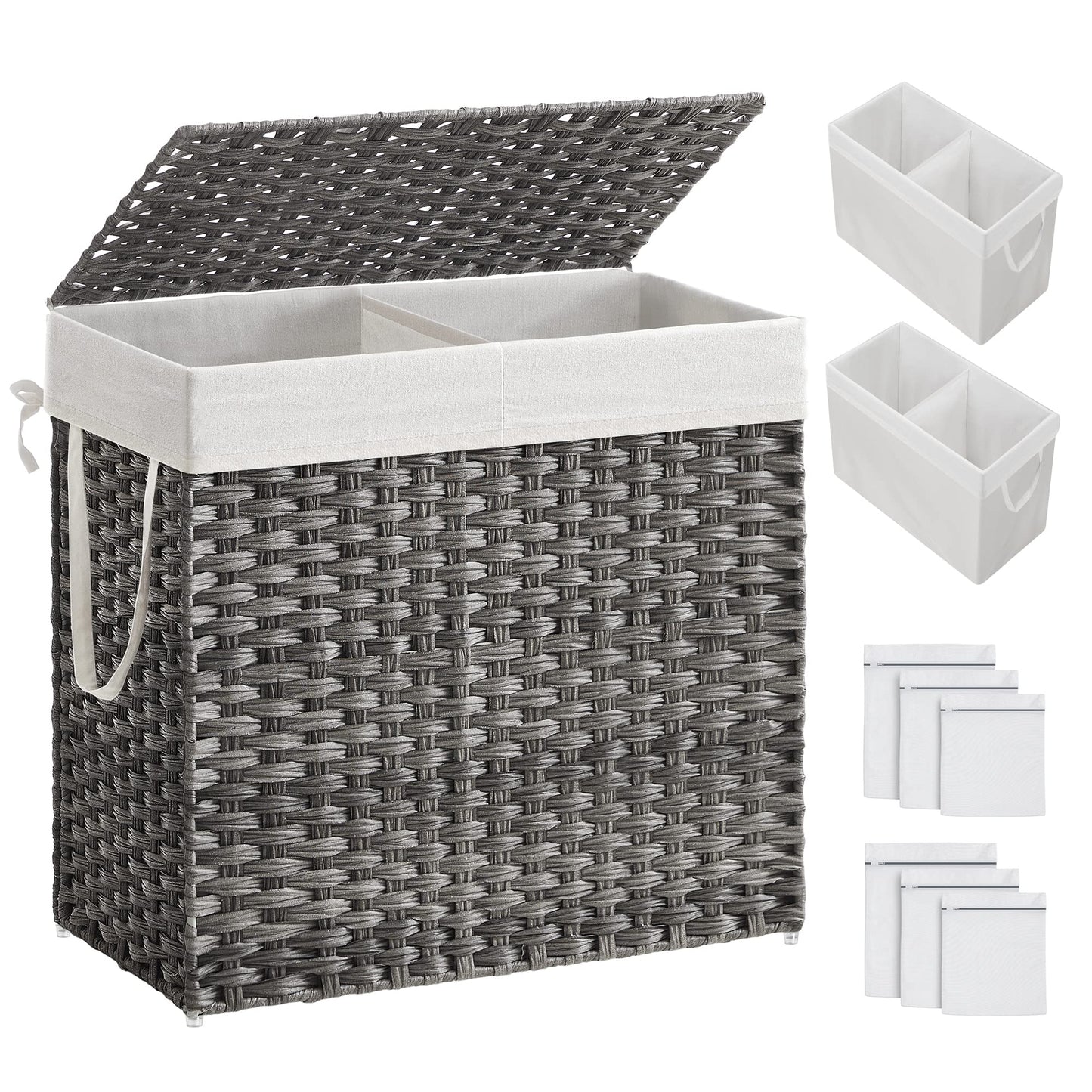 SONGMICS 130L Clothes Hamper with Lid, 2 Removable Liner Bags, 6 Mesh Bags, Wicker, Double Laundry Basket for Bathroom, 13 x 26 x 23.6 Inches, Gray ULCB253G01