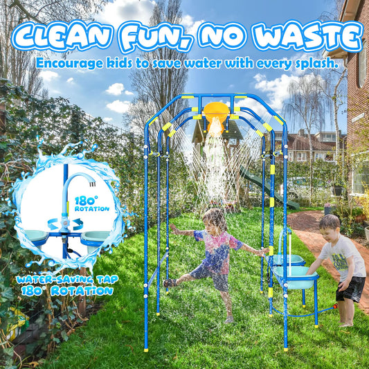 THISWUW Water Park Sprinkler Toy for Kids, Heavy-Duty Steel Backyard Waterpark Splash Game with Shooting Toys, Splash Buckets, Water Table & Faucets, Water Play Activities Outdoor Summer Fun