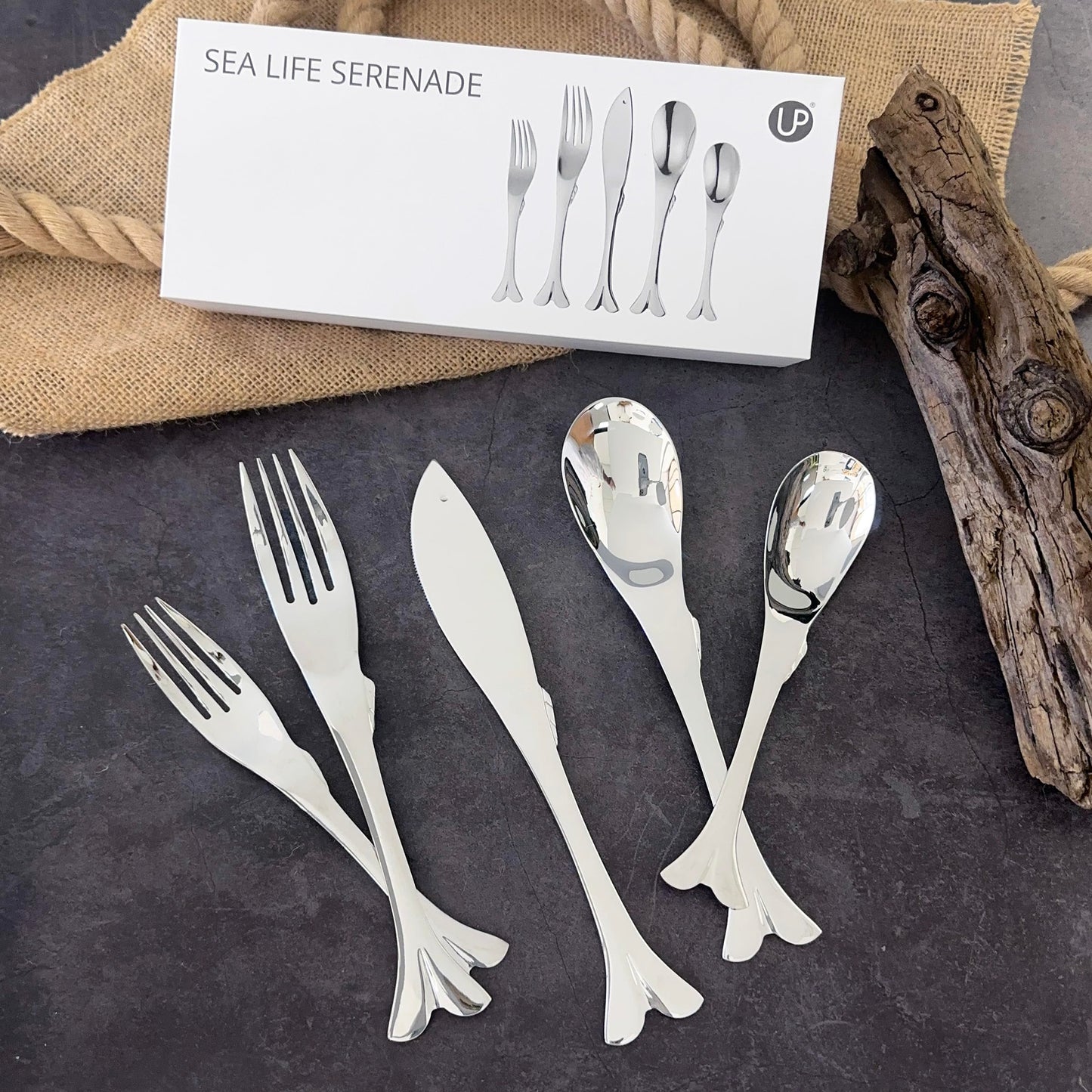 UPware 20-Piece Fish Shaped Flatware Set, 18/8 Stainless Steel Silverware Cutlery Set, Service for 4, Mirror Polished, Dishwasher Safe (Fish)