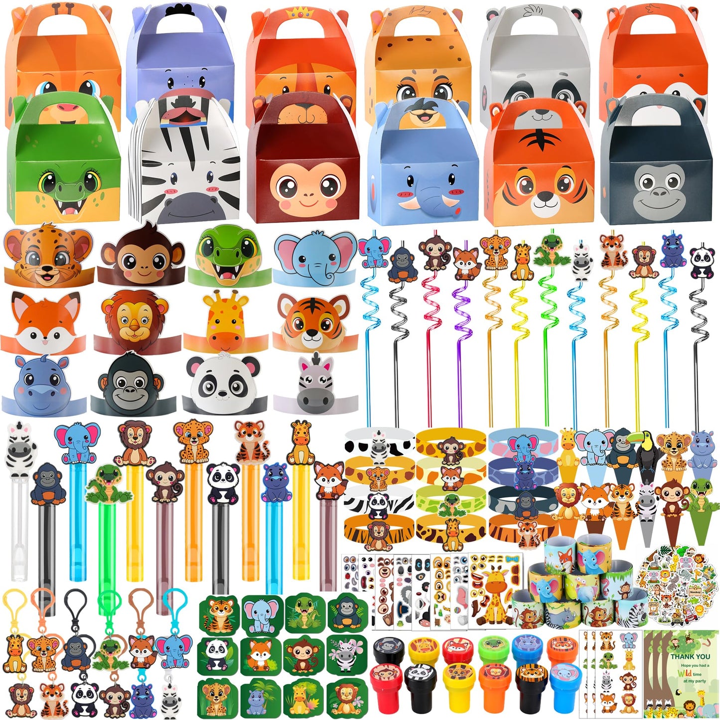 All-in-One - 256 Pcs Wild One Jungle Safari Birthday Party Decorations - Zoo Animal First Birthday Supplies Kit - Includes Favor Boxes, Bubble Wands, Straws, Party Hats, Stickers & Cake Toppers etc