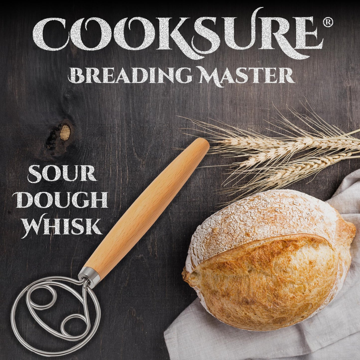 COOKSURE Danish Dough Whisk for Sourdough Bread – 13 Inch Bread Whisk with Wooden Handle – 304 Stainless Steel Hook for Heavy Dough Baking, Swedish Dough Whisk Tool