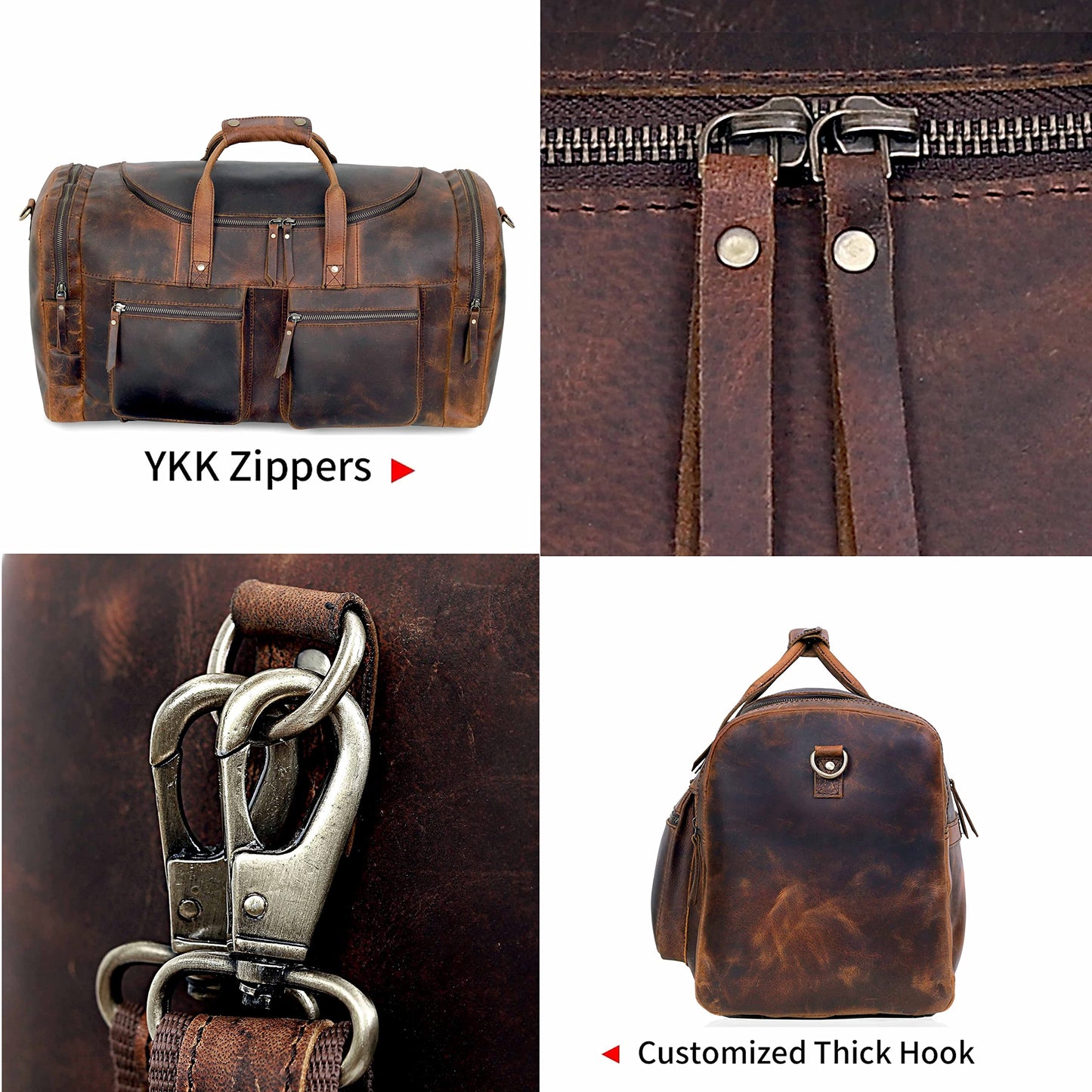 28" Vintage Duffel Classic Style with Modern Outlook Retro Thick Full Grain Cowhide Handmade Airplane Underseat Carry On Bags Leather Gym Overnight Luggage Bag (24 inch)