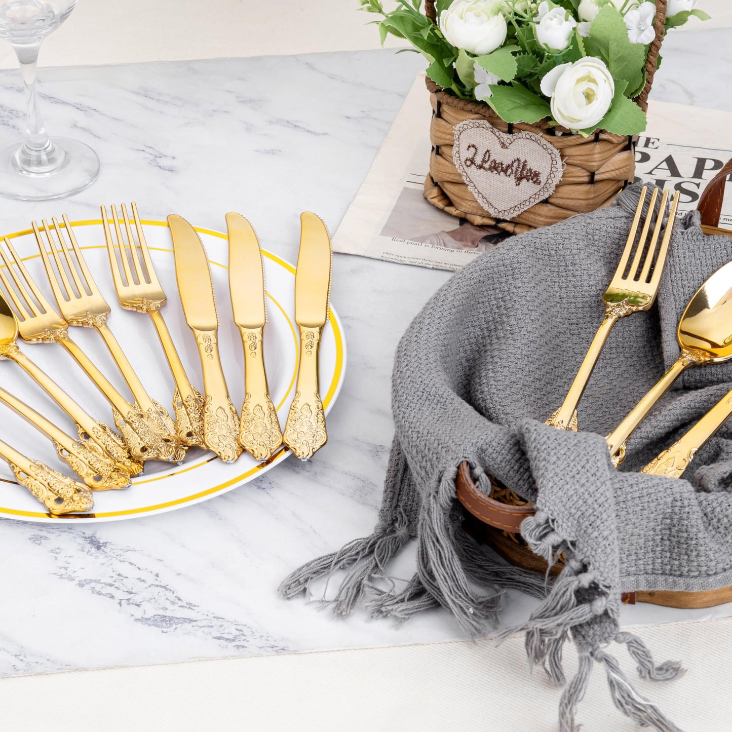 WDF 120PCS Gold Plastic Silverware - Heavy Duty Gold Plastic Cutlery Set Disposable Utensils - 40 Forks, 40 Spoons, 40 Knives, Perfect for Party Weeding Daily Use Baby Showe Spring