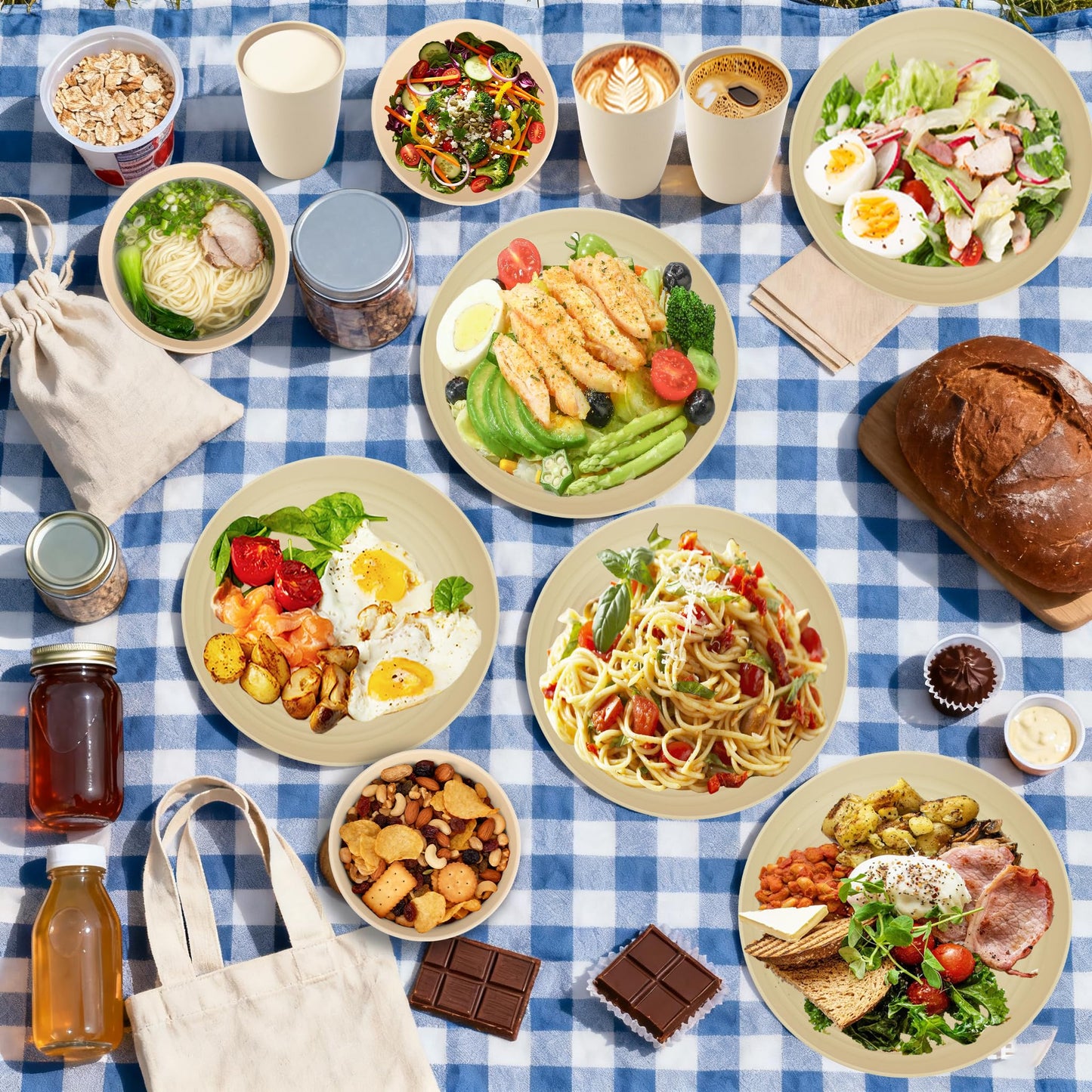 Perlapoc Kitchen Wheat Straw Dinnerware Sets for 4, Unbreakable Kids Dish Set 20 PCS - Dinner Plate/Cereal Bowl/Cup/Fork/Spoon, for Outdoor Camping, RV, Apartment Essentials - Beige
