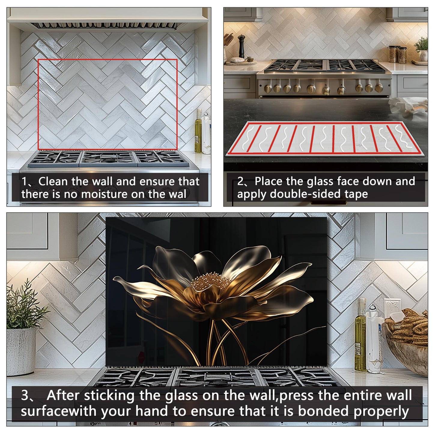 DAIFURONGE Black Golden Lotus, Tempered Glass Backsplash for Kitchen,Easy to Clean, One Piece Glass Behind Stove Splashback Panel, Home Kitchen Wall Decor (black, 30"x18"(76.2x45.72cm))
