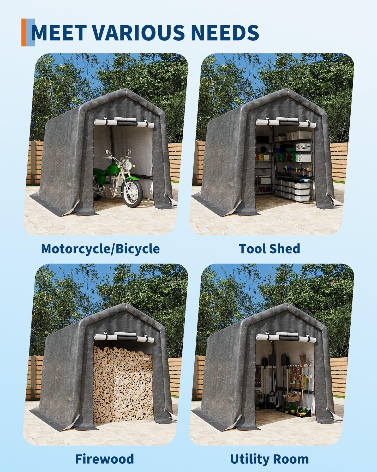 GarveeLife 6x8 ft Outdoor Portable Storage Shed with 2 Roll-Up Doors & Vents, 240G Heavy-Duty Shelter Waterproof PE Tarp, UV-Resistant Storage Sheds for Motorcycle, Firewood, Garden and Tools, Gray