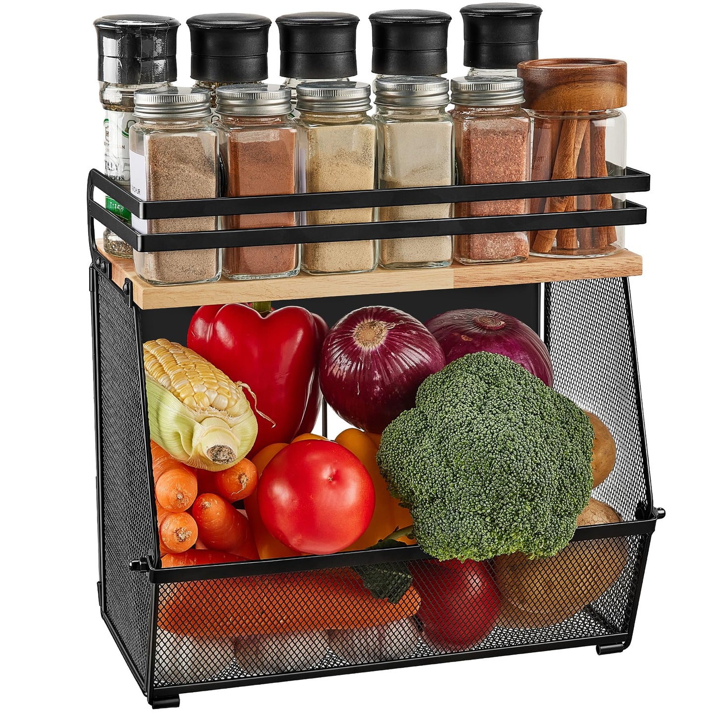 Imncya Magnetic Shelf for Refrigerator, Fridge Magnetic Fruit Basket Spice Rack with Wood Lid, Potato Onion Storage Organizer Magnetics Shelves for Refrigerator, Kitchen Counter, Pantry