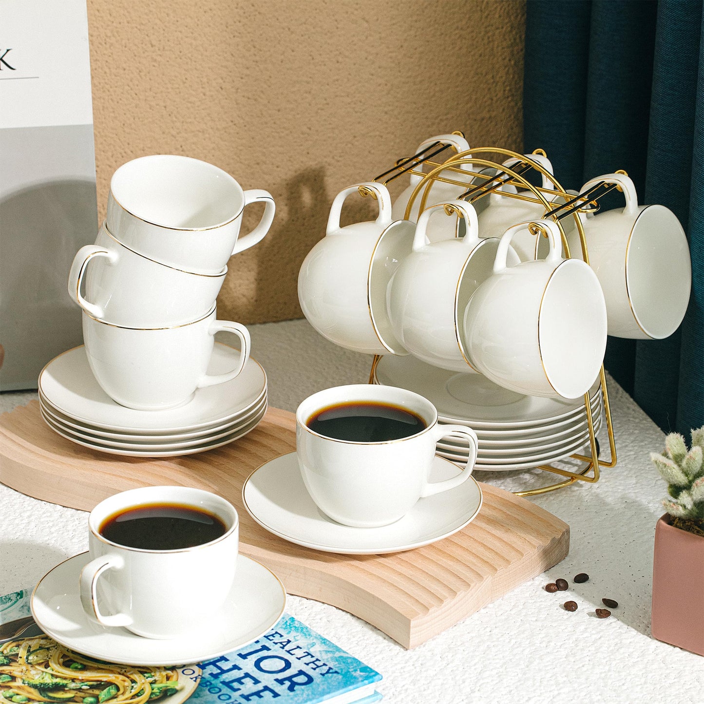 BTaT- Cappuccino Cups with Saucers 8 oz, Set of 12, White Porcelain Coffee Cup and Saucer Set for Latte with Golden Trim Design, Dishwasher Safe, Mocha, Tea, Au Lait, Flat White, Mothers Day Gift
