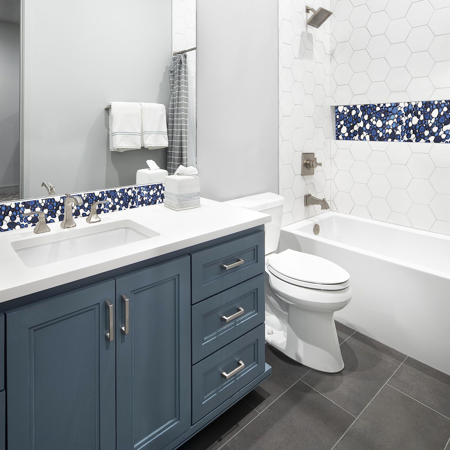 Primoon Pebble Ceramic Tiles 5 Sheets, Heart-Shaped 12x12 Floor Tile Ceramic, Dark Blue Mosaic Tiles Mesh Mounted, Waterproof Porcelain Tile Decorative for Kitchen Bath Backsplash Shower Floor Pool