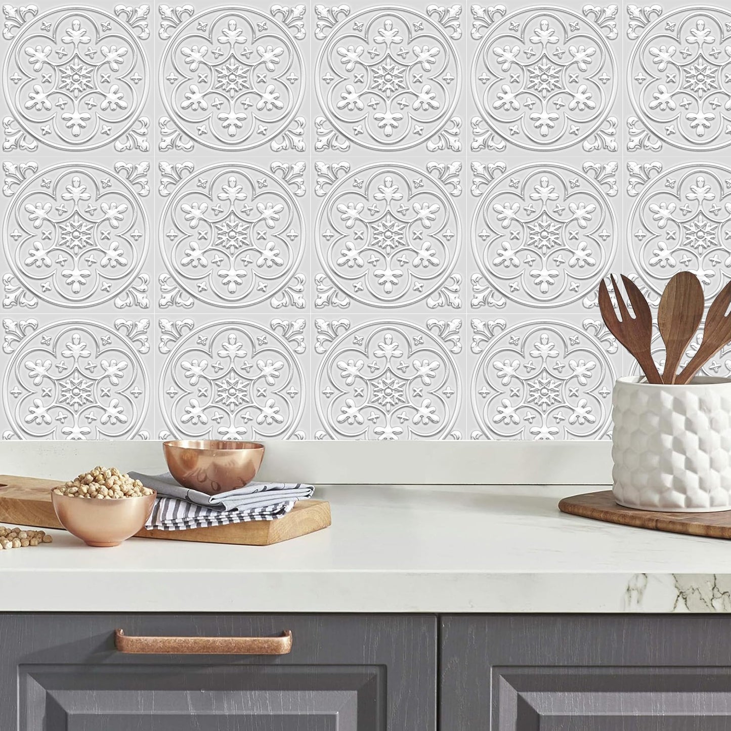 Peel and Stick Wall Tile Stickers Backsplash for Kitchen/Living Room/Bathroom in Metalic Design, 8x8 inch Pack of 10 Self Stick Paper Wall Tile Stickers for Your Home and DIY Projects (Silver)