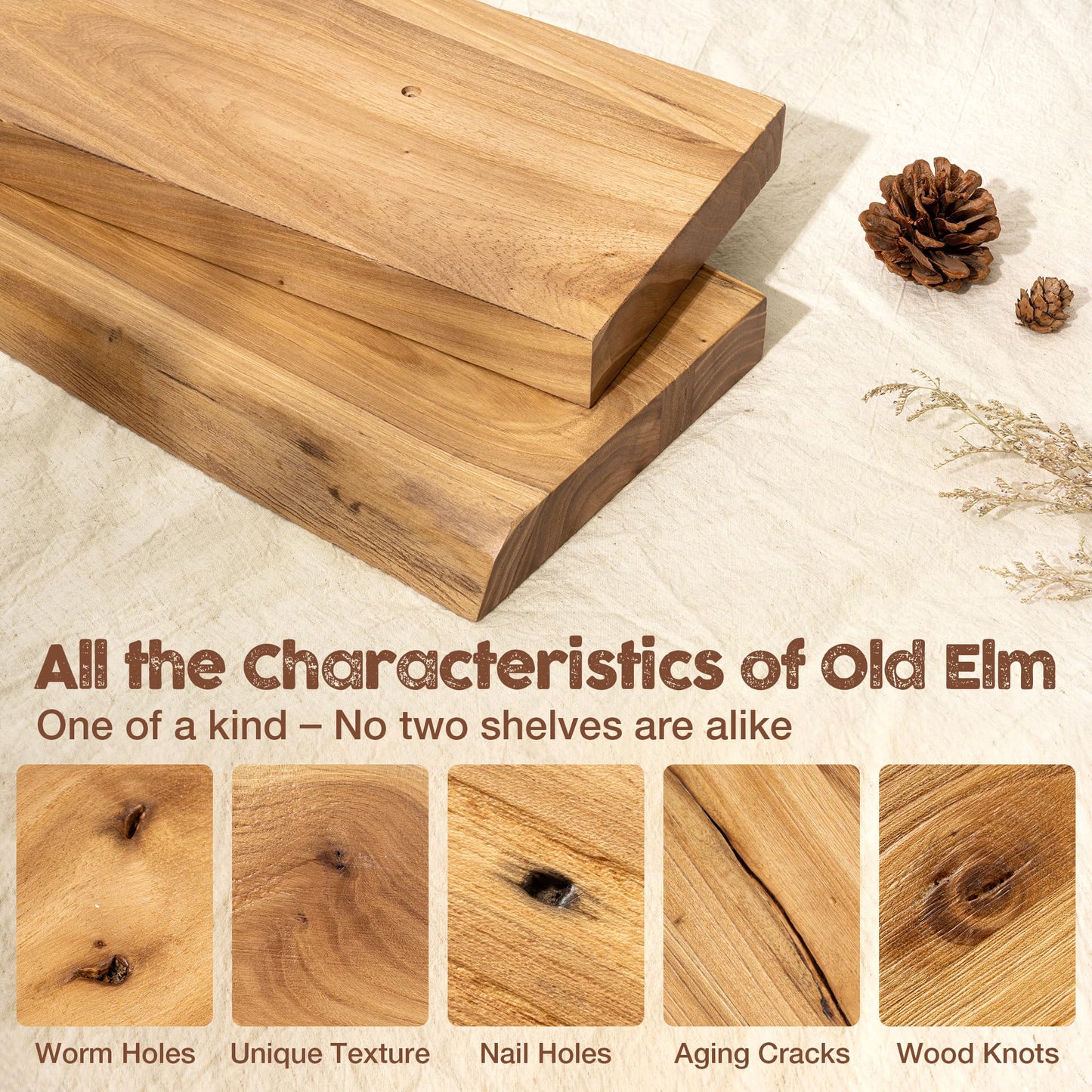 fuqing Floating Shelves for Wall, 20 inch Rustic Solid Elm Wood Floating Shelves, Wooden Wall Shelves with Invisible Heavy Duty Brackets for Living Room, Bedroom, Kitchen, Bathroom, 2 Pack, Natural