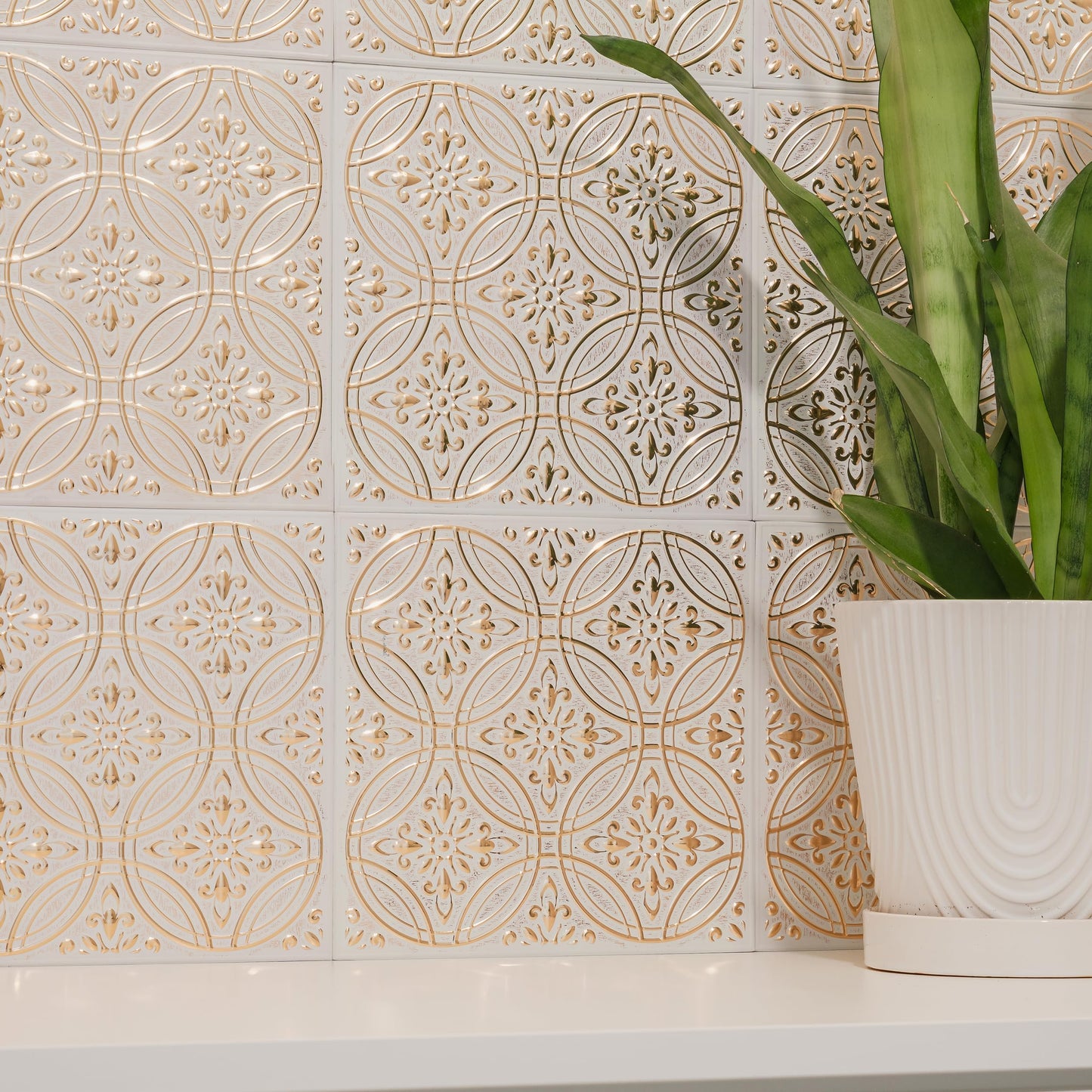 Wall Wear 10-Pack Peel and Stick Backsplash Tiles 8" x 8" Pastel Painted Gold Design, Water-Resistant, Renter-Friendly, Aluminum Tile for Kitchen, Bathroom, Ceiling & DIY Projects