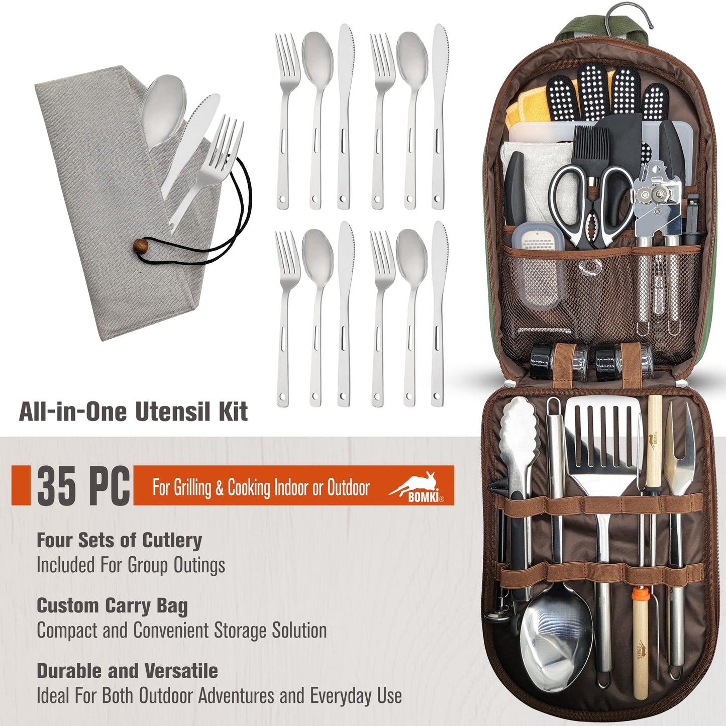 BOMKI Grilling and Camping Cooking Utensils Set for The Outdoors BBQ - Camping Utensil Set Kitchen Set Cookware Accessories Glamping Essentials Camp Stuff Camp Cooking Set (Green Pro)