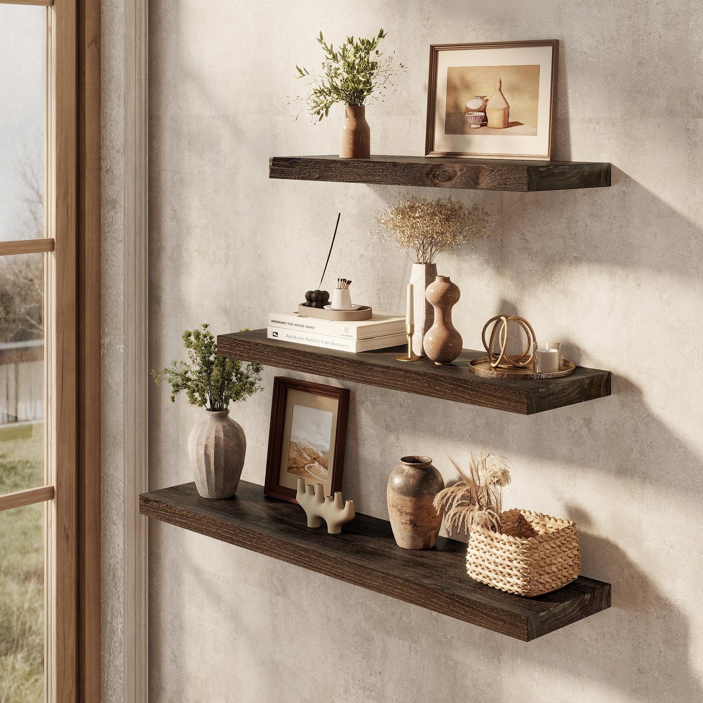 Dreamland Rustic Elm Woood Floating Shelves for Wall Decor, 30" W x 8" D x 1.5" H Floating Shelves Set of 2, Wall Mounted Deep Wooden Shelf for Living Room, Bedroom, Kitchen, Bathroom, Walnut