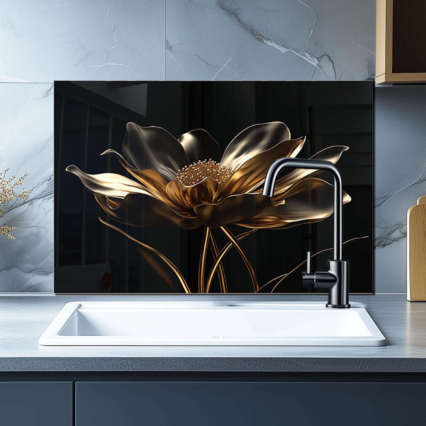 DAIFURONGE Black Golden Lotus, Tempered Glass Backsplash for Kitchen,Easy to Clean, One Piece Glass Behind Stove Splashback Panel, Home Kitchen Wall Decor (black, 30"x18"(76.2x45.72cm))