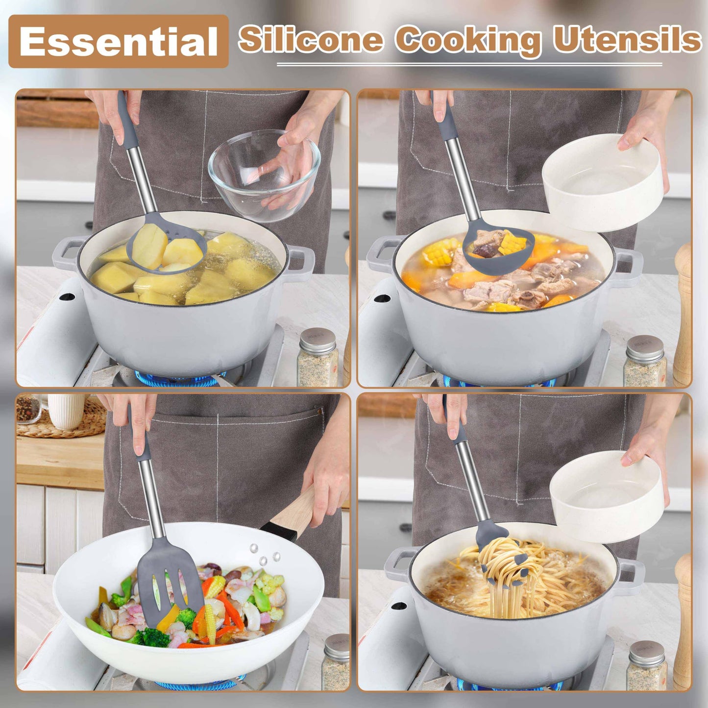 LIANYU Silicone Cooking Utensil Set, 6Pcs Heat Resistant Kitchen Utensils Set, Non-stick Stainless Steel Handle Spatula Tools, Dishwasher Safe, Grey