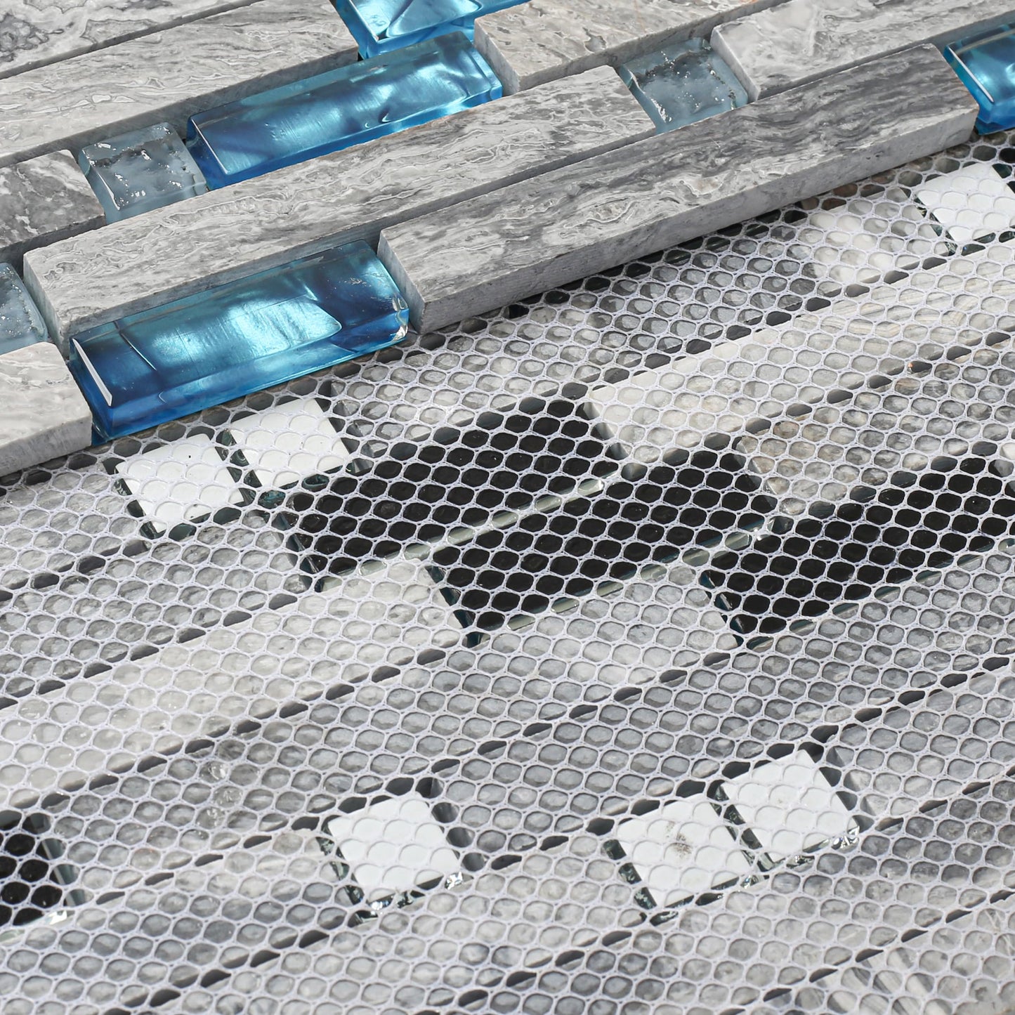 Blujellyfish Gray Marble Tile for Kitchen Backsplash 12 in. x 12 in. x 8 mm Teal Blue Glass Mosaic Bathroom Shower Wall Linear Tiles (Pack of 5 Sheets)