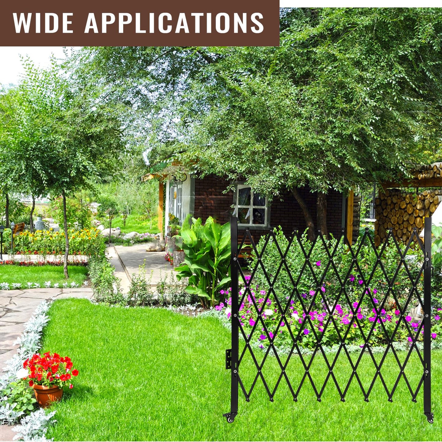 GarveeTech Single Folding Security Door, 85 in H x 95 in W Portable Flexible Expandable Fence Gate, Steel Accordion Security Gate with 360°Rolling Wheel - Ideal for Courtyards, Garages, Gardens