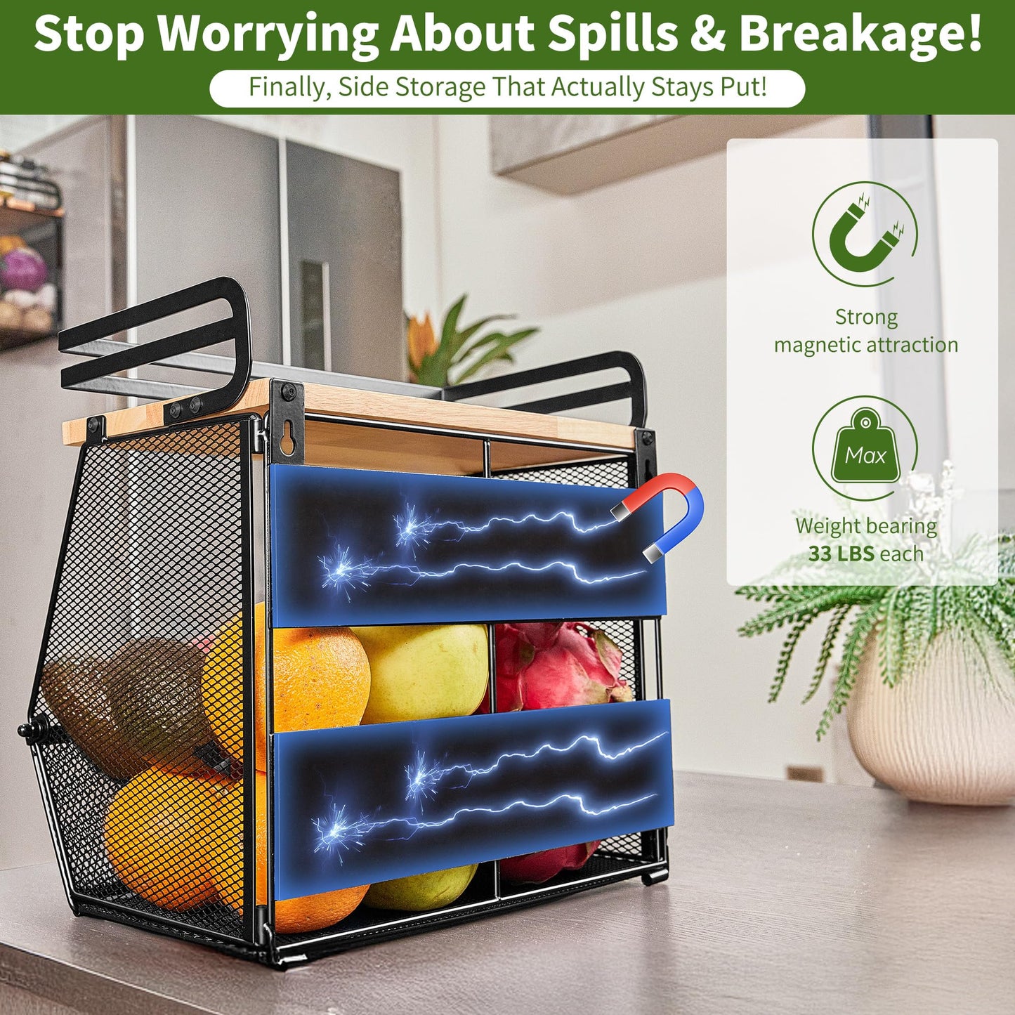 Imncya Magnetic Shelf for Refrigerator, Fridge Magnetic Fruit Basket Spice Rack with Wood Lid, Potato Onion Storage Organizer Magnetics Shelves for Refrigerator, Kitchen Counter, Pantry