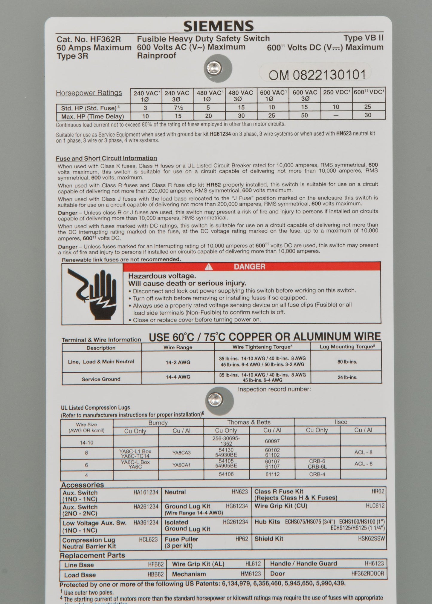 Siemens HF362R 60-Amp 3 Pole 600-volt 3 Wire Fused Heavy Duty Safety Switches