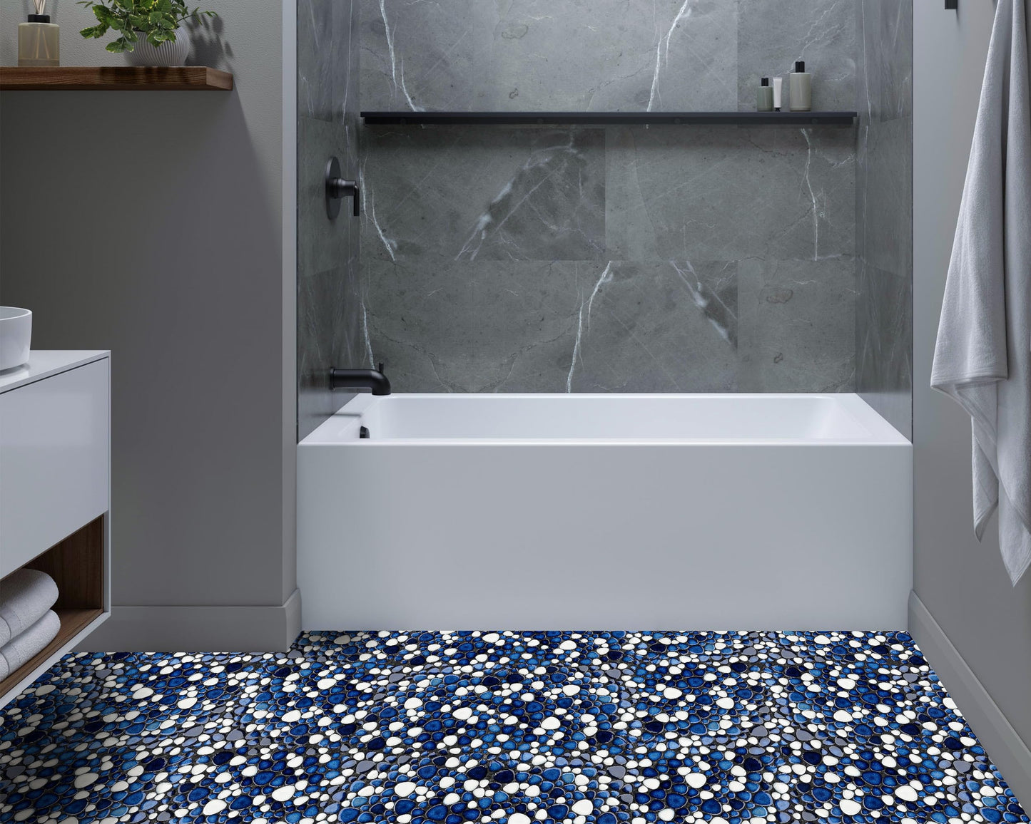 Primoon Pebble Ceramic Tiles 5 Sheets, Heart-Shaped 12x12 Floor Tile Ceramic, Dark Blue Mosaic Tiles Mesh Mounted, Waterproof Porcelain Tile Decorative for Kitchen Bath Backsplash Shower Floor Pool