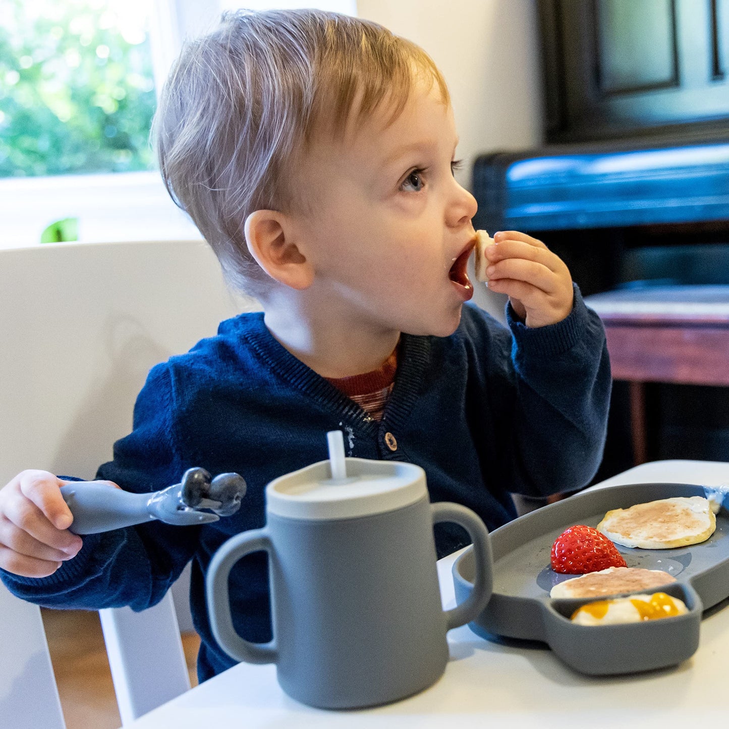 TUM TUM Baby Cutlery Set With Case, Spoon & Fork for Self Feeding, Silicone, 6 Months Plus (Grey)