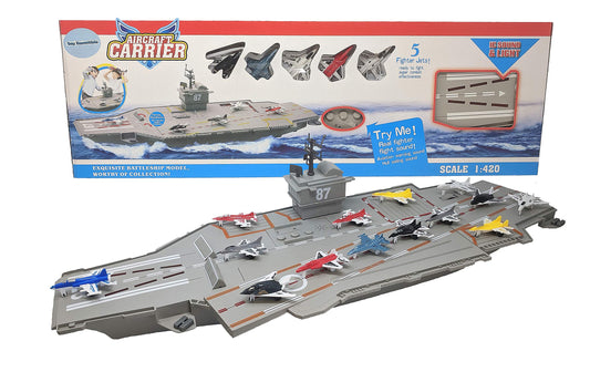 30 Inch Aircraft Carrier Toy with Sound Effects and Light Up Runway (14 Fighter Jets)