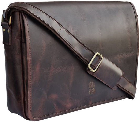 RUSTIC TOWN Leather Messenger Bag for Men Women - Full Grain Leather Laptop Satchel Office Shoulder Bag (16-Inch, Dark Brown)