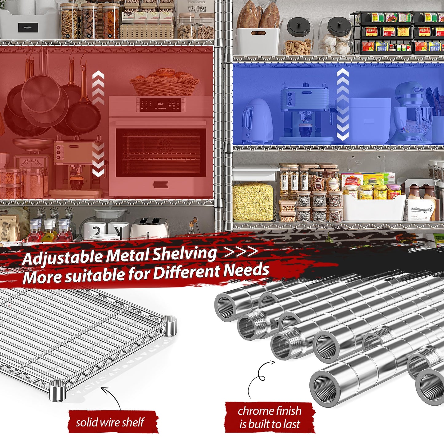 REIBII 69.8" W Storage Shelves 1510LBS Wire Shelving Unit 5 Tier Metal Shelving for Storage Rack Shelves Adjustable Heavy Duty Garage Shelf Pantry Shelves Kitchen Shelving,69.8"Wx15.8"Dx72.4"H,Chrome