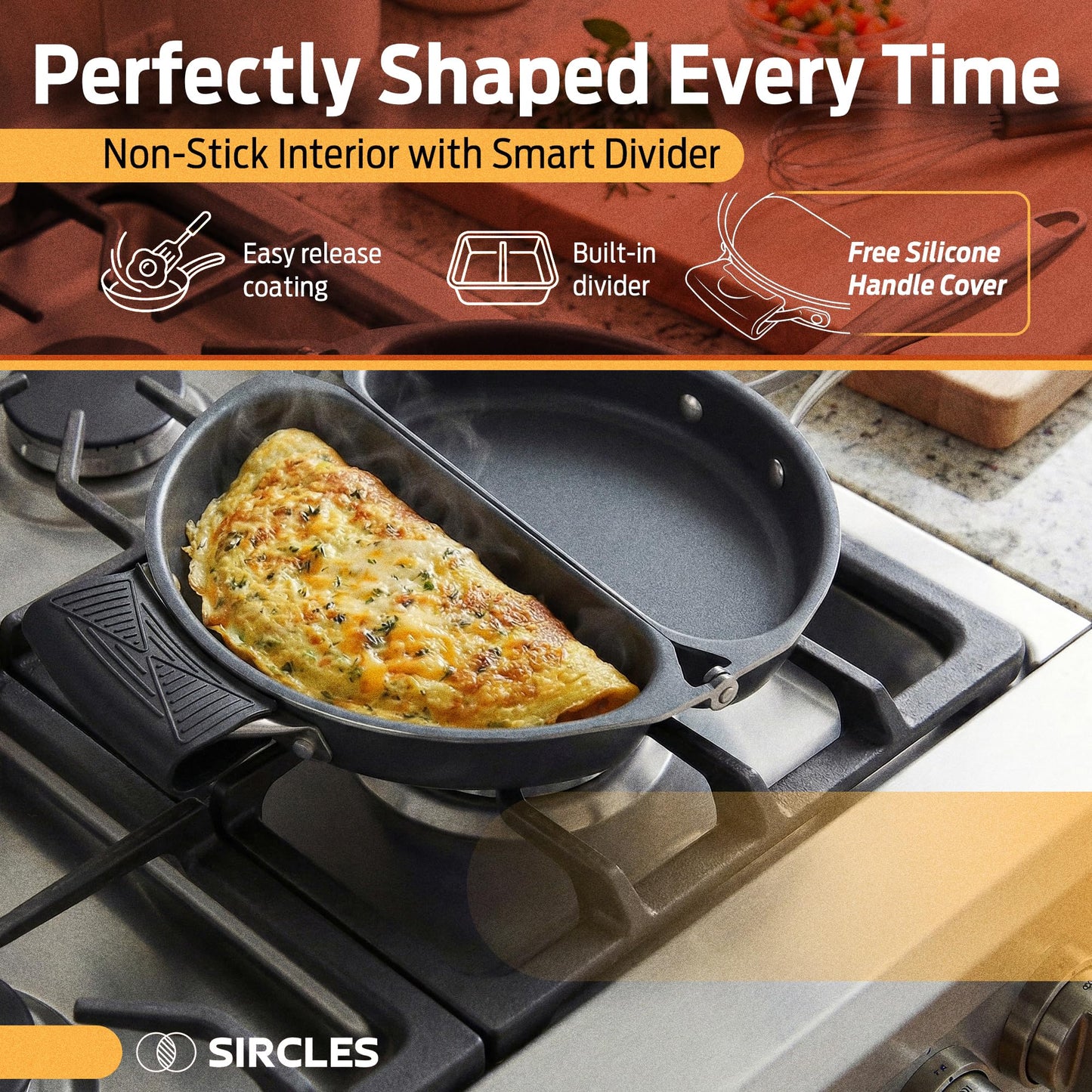 SIRCLES Omelette Pan Double Sided Non Stick Omelette Maker, 3004 Aluminum, Induction Compatible, Dishwasher Safe, PFOA Free, Flip Lock Egg Pan with Spatula & Recipe eBook, Omelette Makers