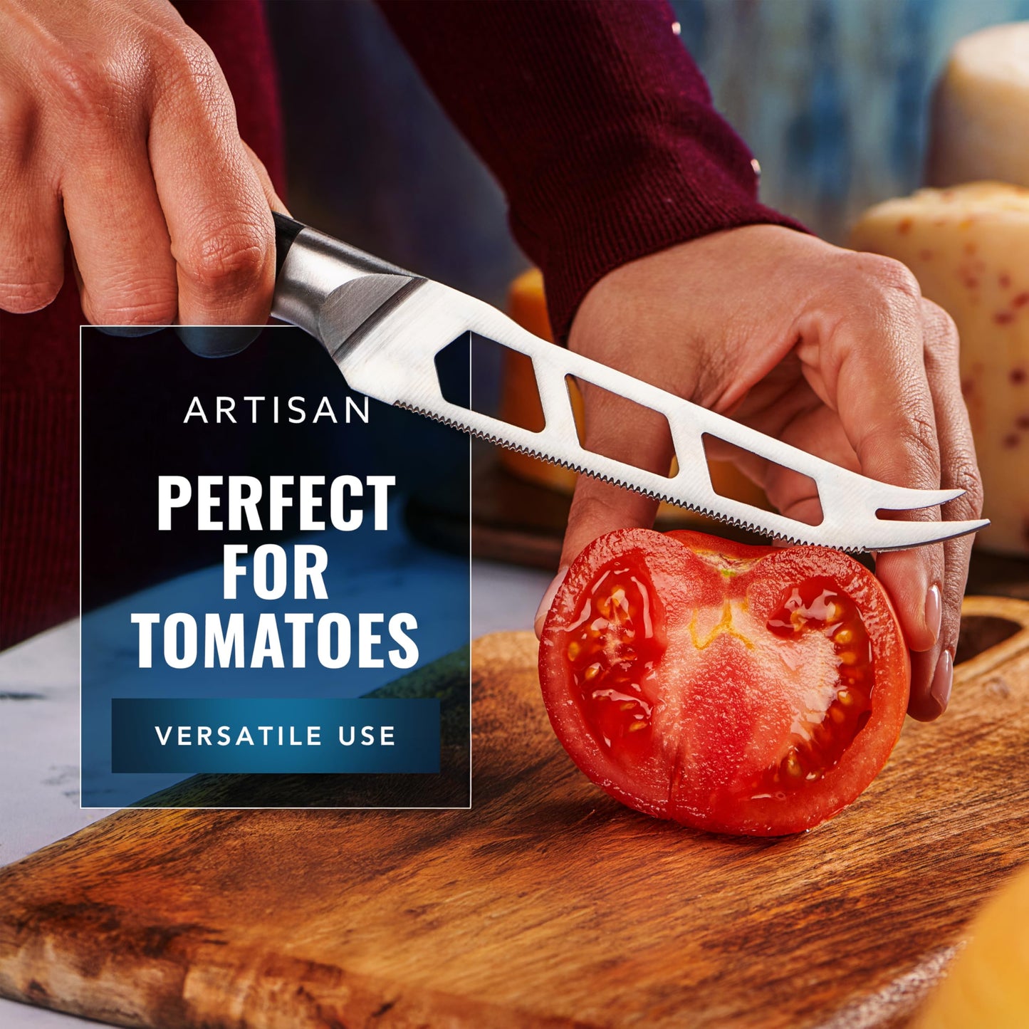 Cutluxe Cheese Knife – 5" Cheese Knife Slicer for Soft and Hard Cheese – Pronged, Serrated & Non Stick Blade – High Carbon German Steel, Full Tang & Ergonomic Handle Design – Artisan Series