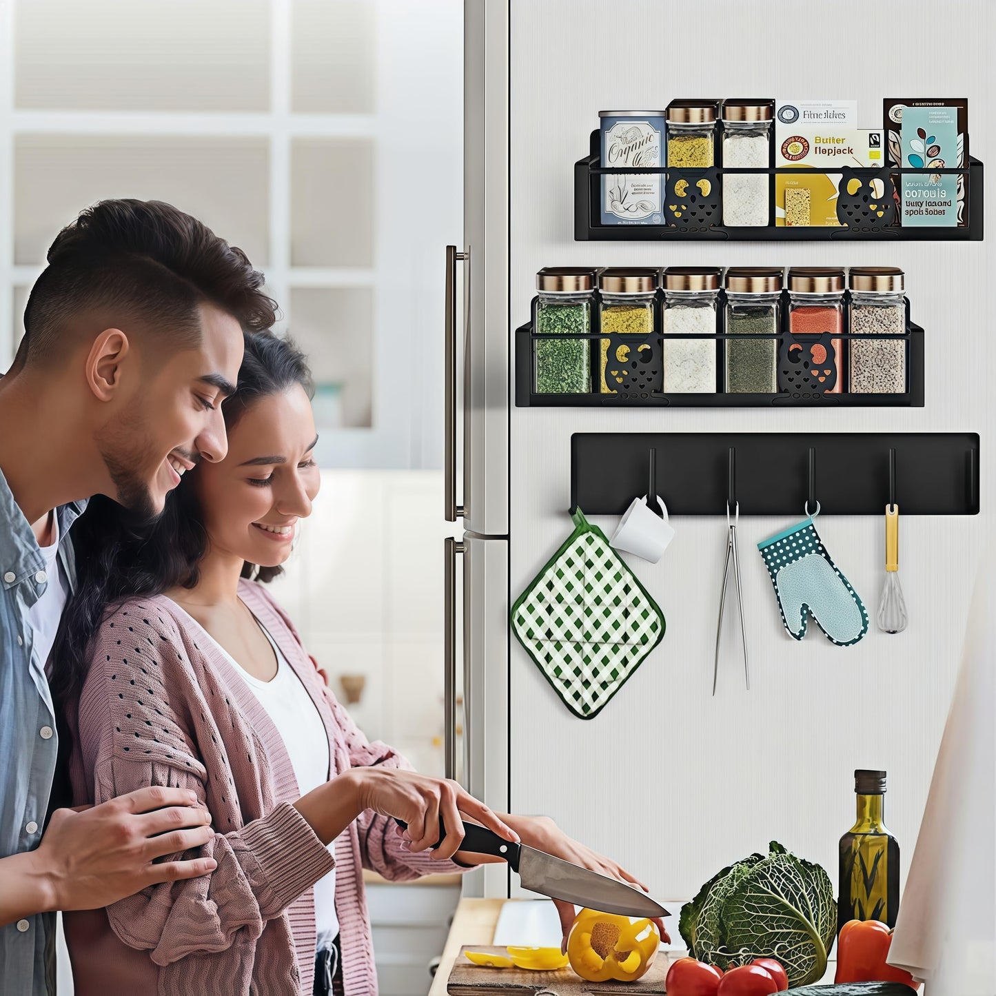 HCBaoXGui Magnetic Spice Rack for Refrigerator,Spice Organizer for Kitchen,Seasoning Organizer Rack,Magnetic Shelf with Hooks,Strong Magnet,Moveable,No Drilling(3 Pack,Black,Owl)