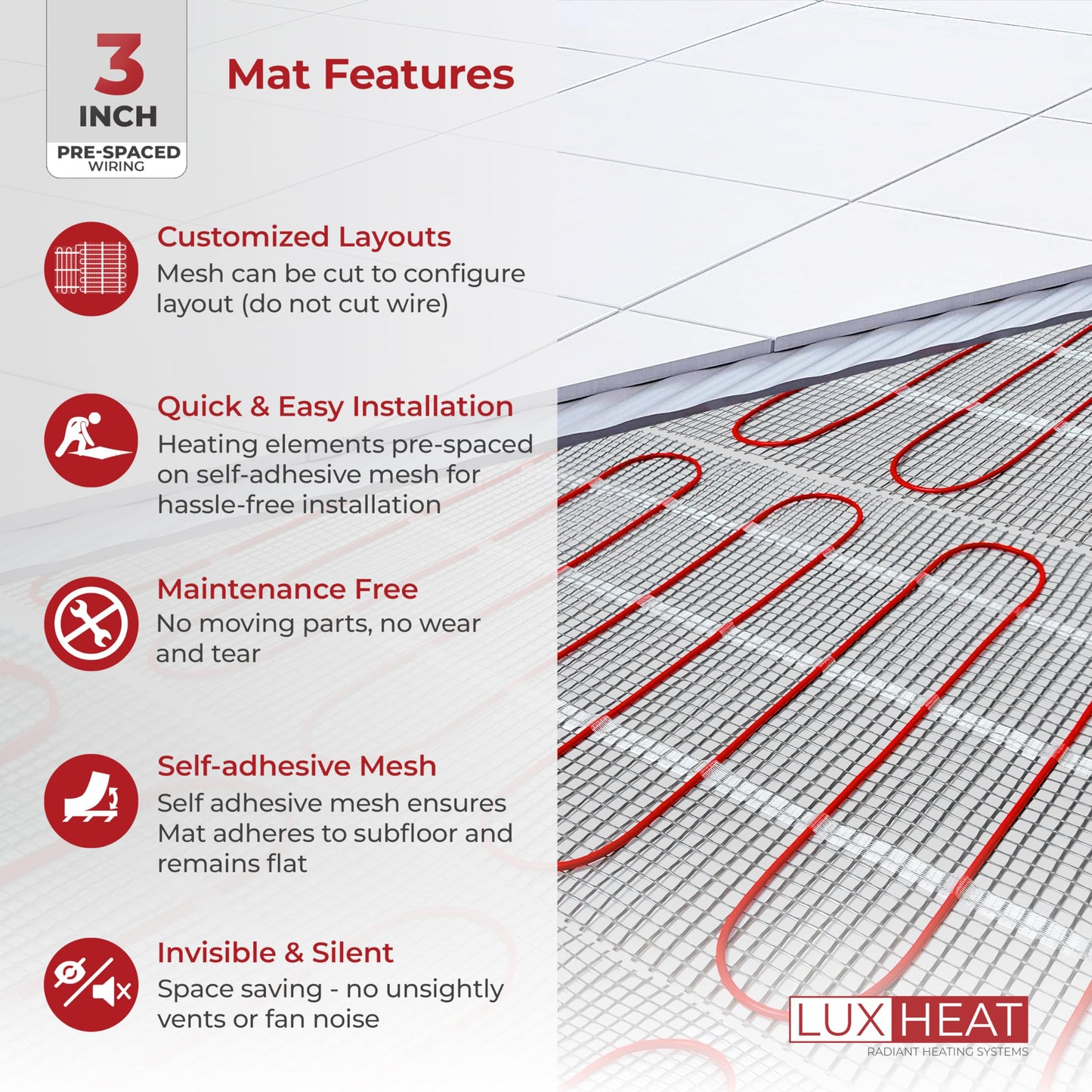 LuxHeat 150sqft Floor Heating Mat Kit - 120v Under Tile Floor Heater Kit for Vinyl - Easy to Install Infloor Heat System - Includes UWG5 WiFi Programmable Thermostat w/GFCI, Alarm & Flooring Sensor