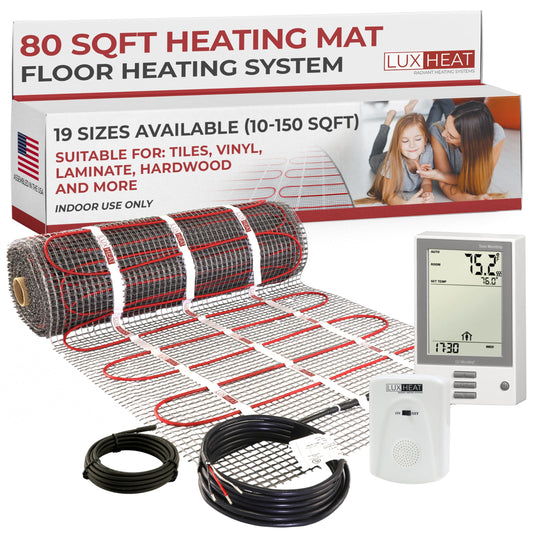 LuxHeat 80sqft Floor Heating Mat Kit – 120v Electric Radiant In Floor Heat System – Heated Flooring System for Tile & Laminate - Includes UDG Programmable Thermostat w/GFCI, Alarm & Sensor