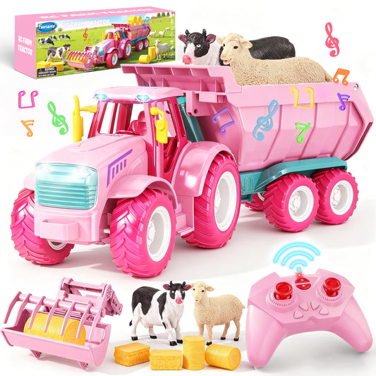 Funwee RC Farm Tractor Toy w/Light & Music, Kids Trailer Toy w/Front Loader & Farm Animal, 2.4GHz RC Tractor Truck Car for Boys & Girls, Toddler Vehicle Playset Age 3-8+ Year Old Gifts (Pink)