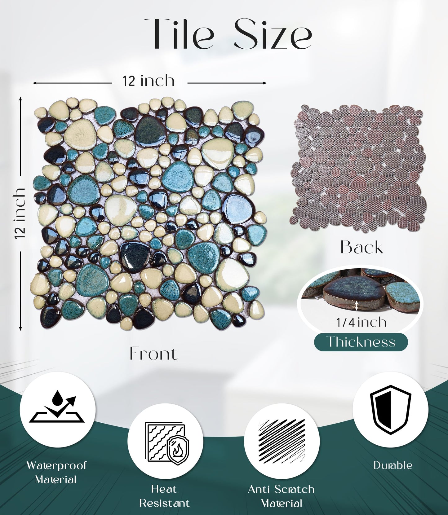 Primoon Pebble Tiles 5 Sheets, Aqua Teal Blue Mosaic Tiles for Accent Wall Backsplash, Pebble Tile for Bathroom Shower Floor