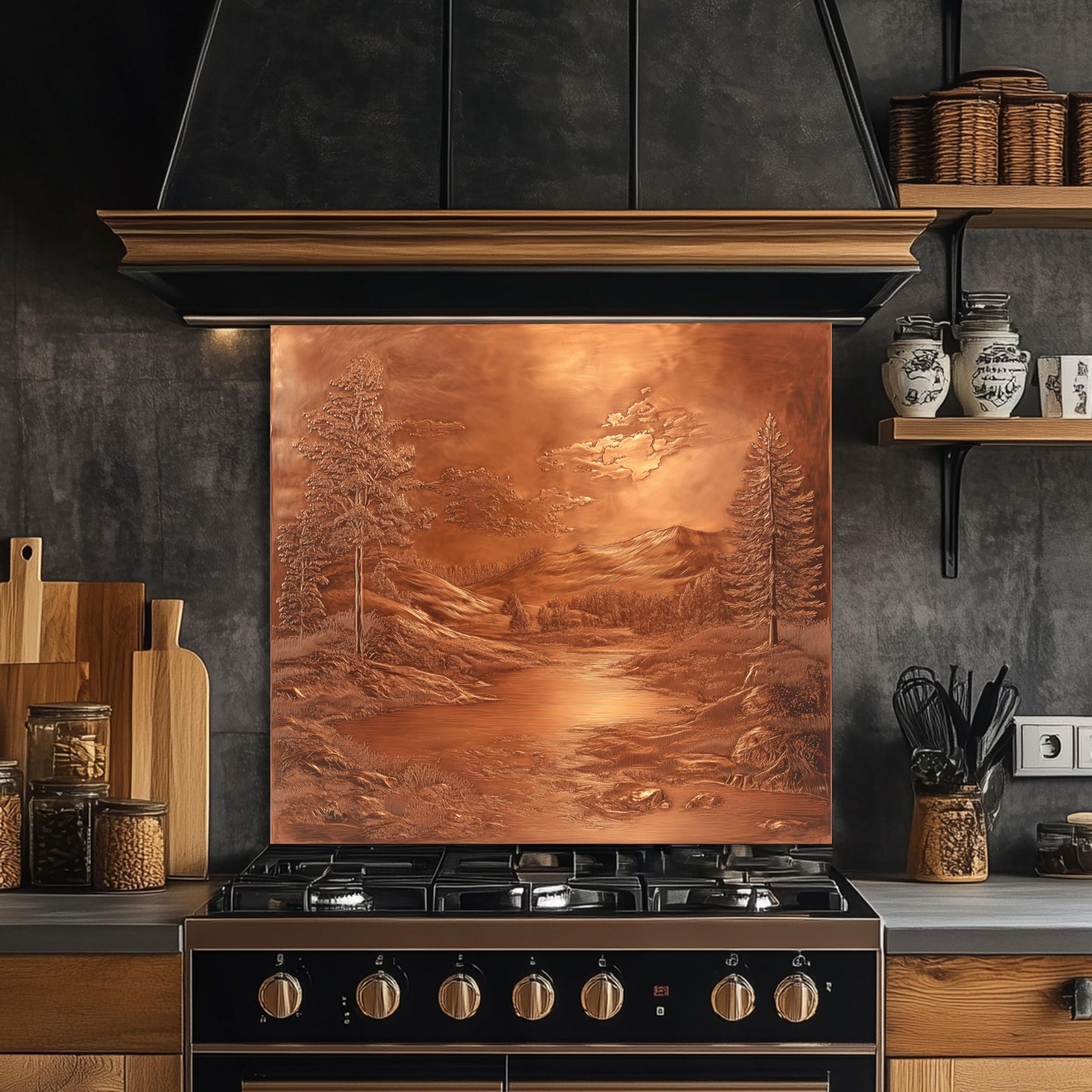 Mythog Glass Backsplash for Kitchen, Mountain Copper Look Glass Kitchen Backsplash, Rustic Stove Backsplash, Stove Behid Splashback Glass, Custom Kitchen Backsplash