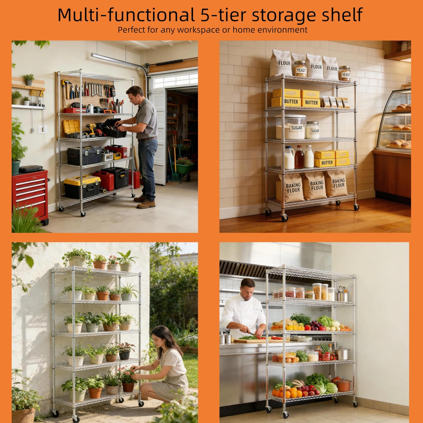 Heavy Duty 5-Tier Wire Rack Shelving Unit, Adjustable Storage Rack with 3" Rubber Wheels, 1750 lbs Capacity, Chrome Standing Shelf for Kitchen, Garage, Warehouse, Office - 47"D x 17.72"W x 74"H
