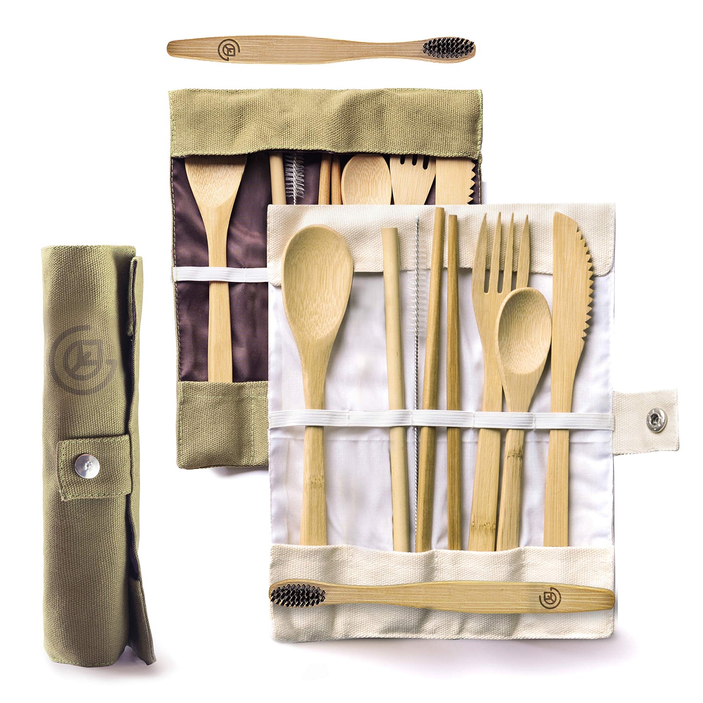 GREENZLA 2-Pack Bamboo Utensils Set - Bonus Pair of Bamboo Toothbrushes - Straw, Spoon, Fork, Knife, Teaspoon, Chopsticks, Brush & 2 Storage Bags - Reusable Cutlery Set