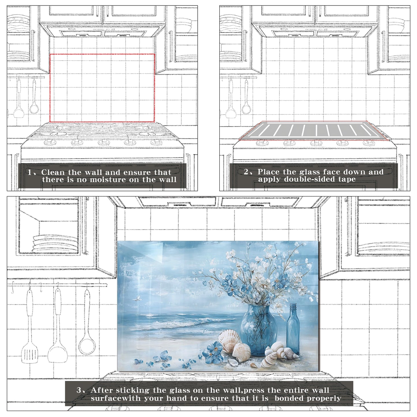Tempered Glass Backsplash for Kitchen,Stove Splashback Protector Blue Sea Design | Heat-Resistant Splash Board, Kitchen Wall Decoration (30"x16"(76.2x40.64cm))