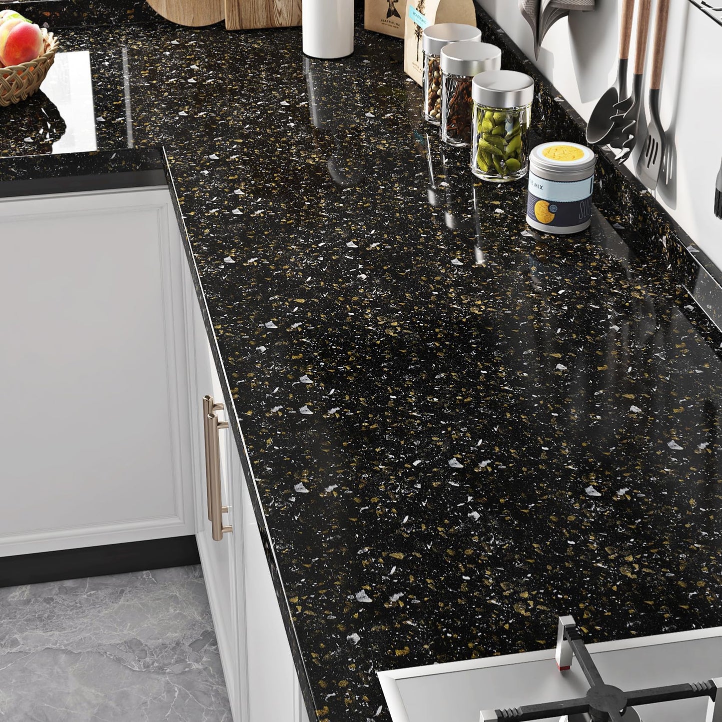 Livelynine Black and Gold Granite Contact Paper for Countertops Waterproof Counter Top Covers Renter Friendly Countertop Peel and Stick Wallpaper Kitchen Vinyl Wrap Bathroom Sink Table Desk 15.8x78.8