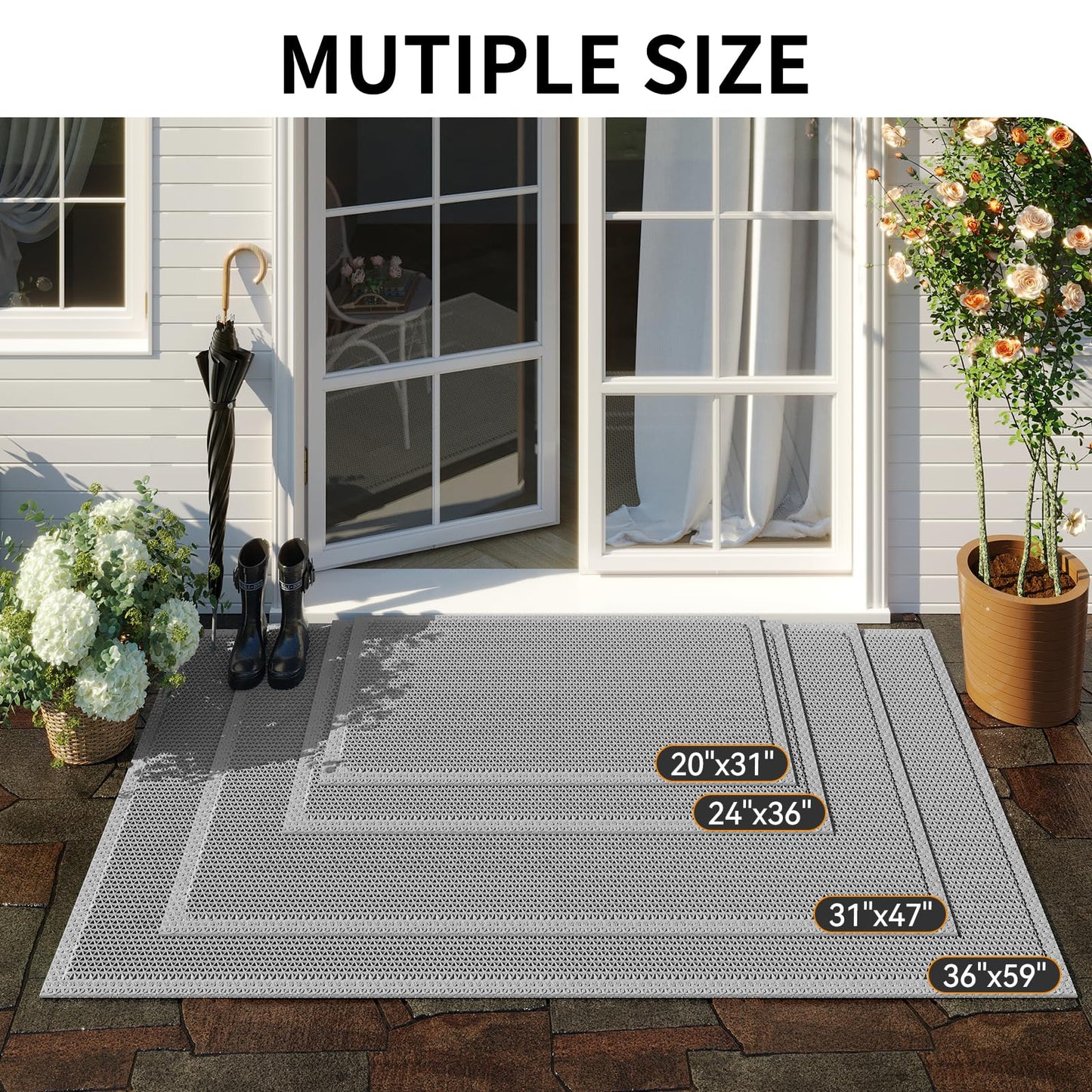 QiCaiJia Front Door Mat 20''x31'', Drainage Heavy Duty Dirt Trapping Non-Slip Doormats, Outdoor Rubber Floor Mats, Restaurant Commercial Kitchen Industral Pool Entrance Bar Wet Area, Grey
