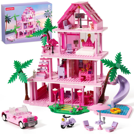 Girls House Building Sets Compatible with Lego Friends for Girls Age 8-12, 4-Story Pink Villa Building Blocks Toys with Pull-Out Floors, 903 Pieces Great Birthday Gift for Girls 8-14