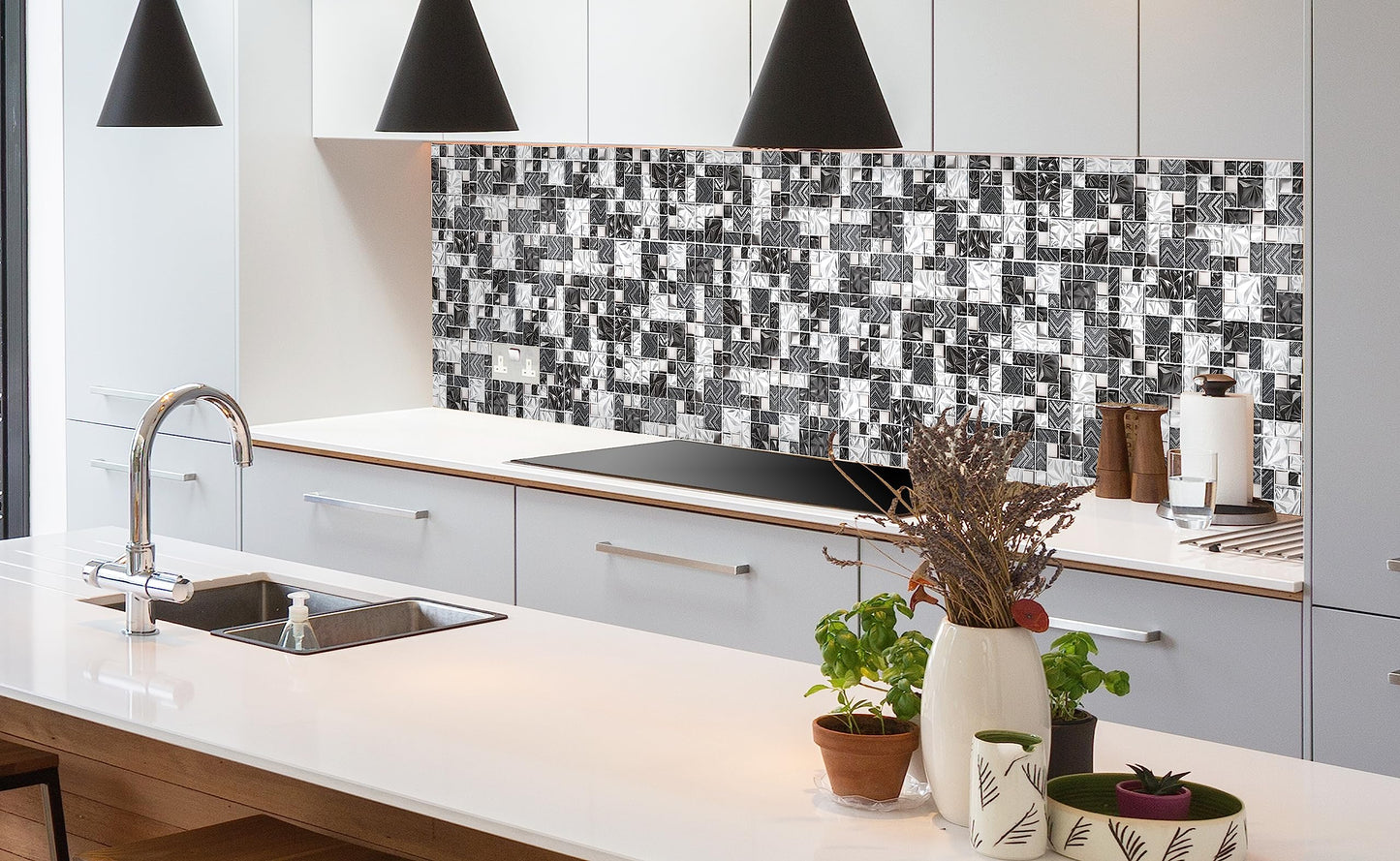 Elephantile Black & White Glass Tiles Kitchen Bathroom Wall Backsplash Mosaic Versailles Pattern [Set of 5]